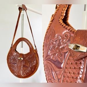 Vintage Tooled Leather Handbag Cognac Purse Embossed Floral Boho Bag Crossbody